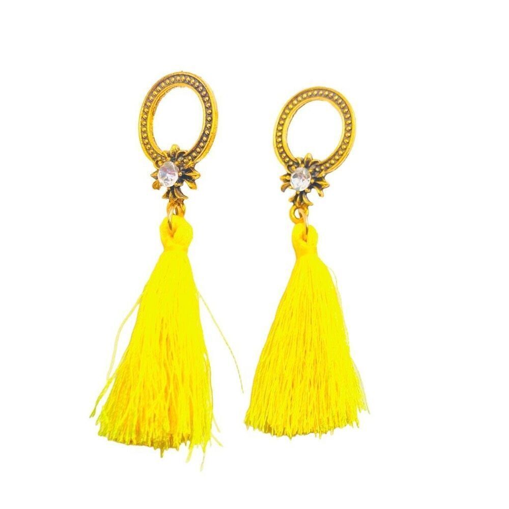 Statement Antique Gold Rhinestone Yellow Tassel Earrings